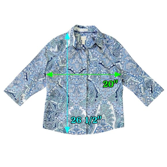 Chico's Effortless Gabrielle No Iron Blue Paisley Cotton Button-Up Shirt Boho - Picture 3 of 8